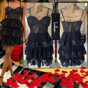 Lulus Exquisite Drama Black Embroidered Sequin Tiered Mini Dress Size L
